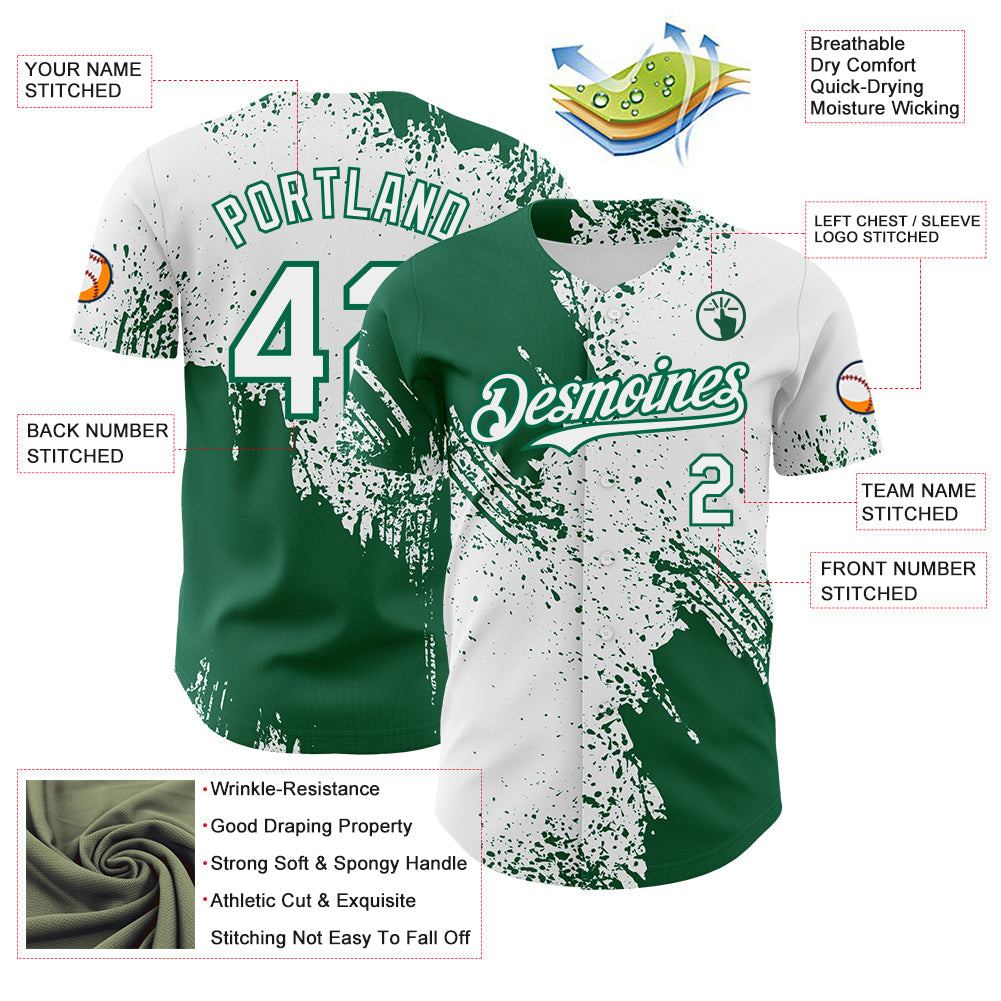Custom White-Kelly Green Abstract Brush Stroke Authentic Baseball Jersey