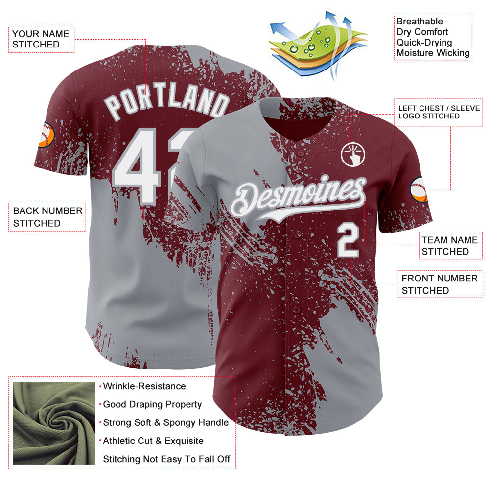 Custom Burgundy White-Gray Abstract Brush Stroke Authentic Baseball Jersey