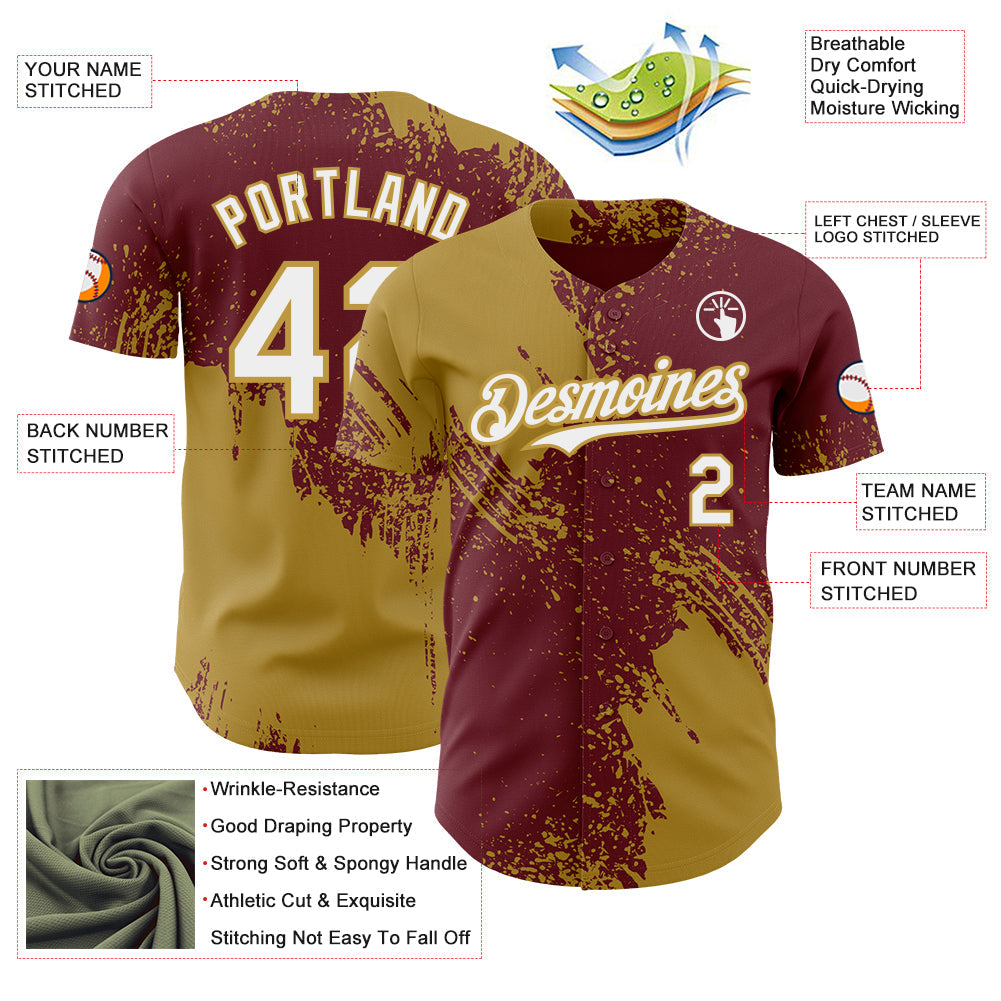 Custom Burgundy White-Old Gold Abstract Brush Stroke Authentic Baseball Jersey