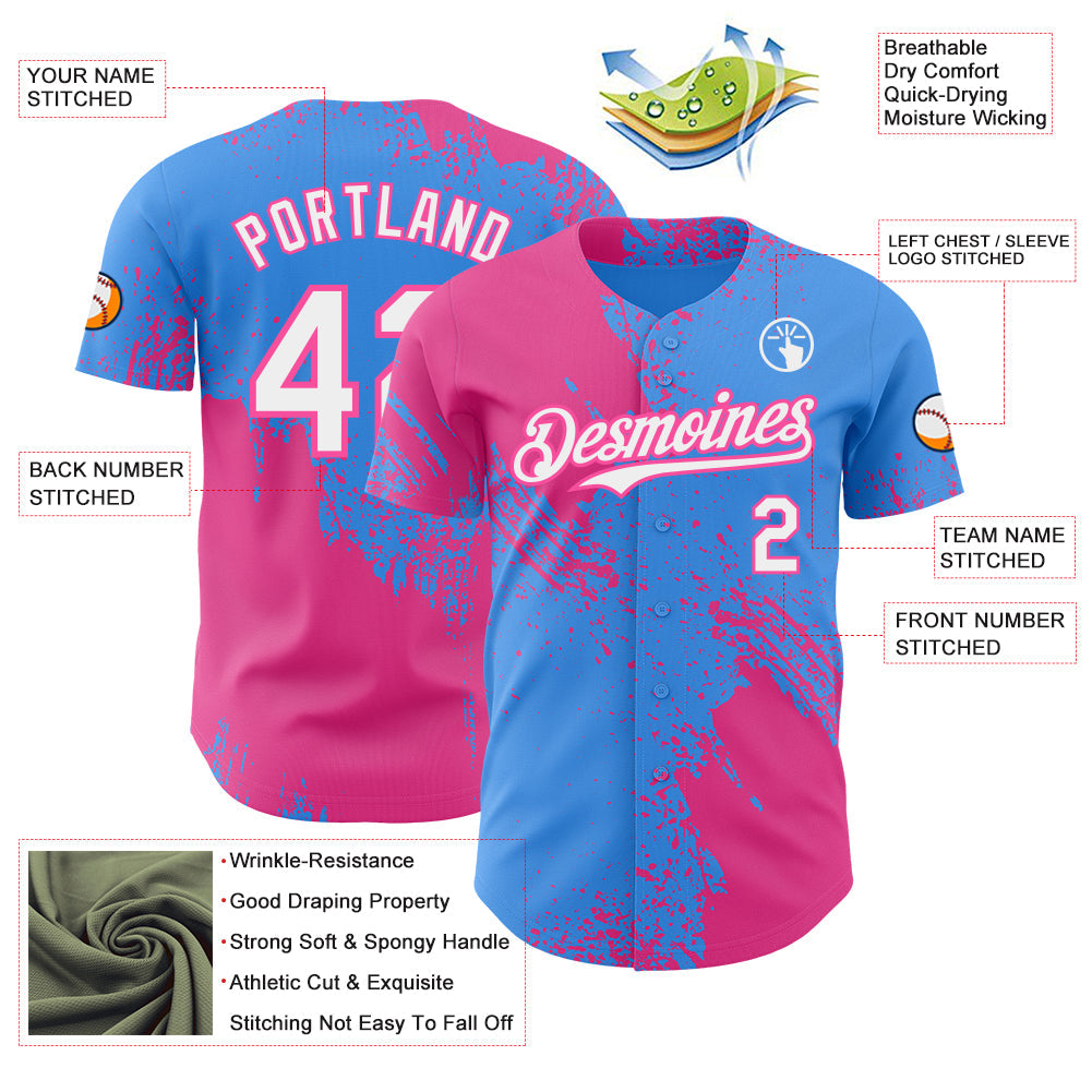 Custom Electric Blue White-Pink Abstract Brush Stroke Authentic Baseball Jersey