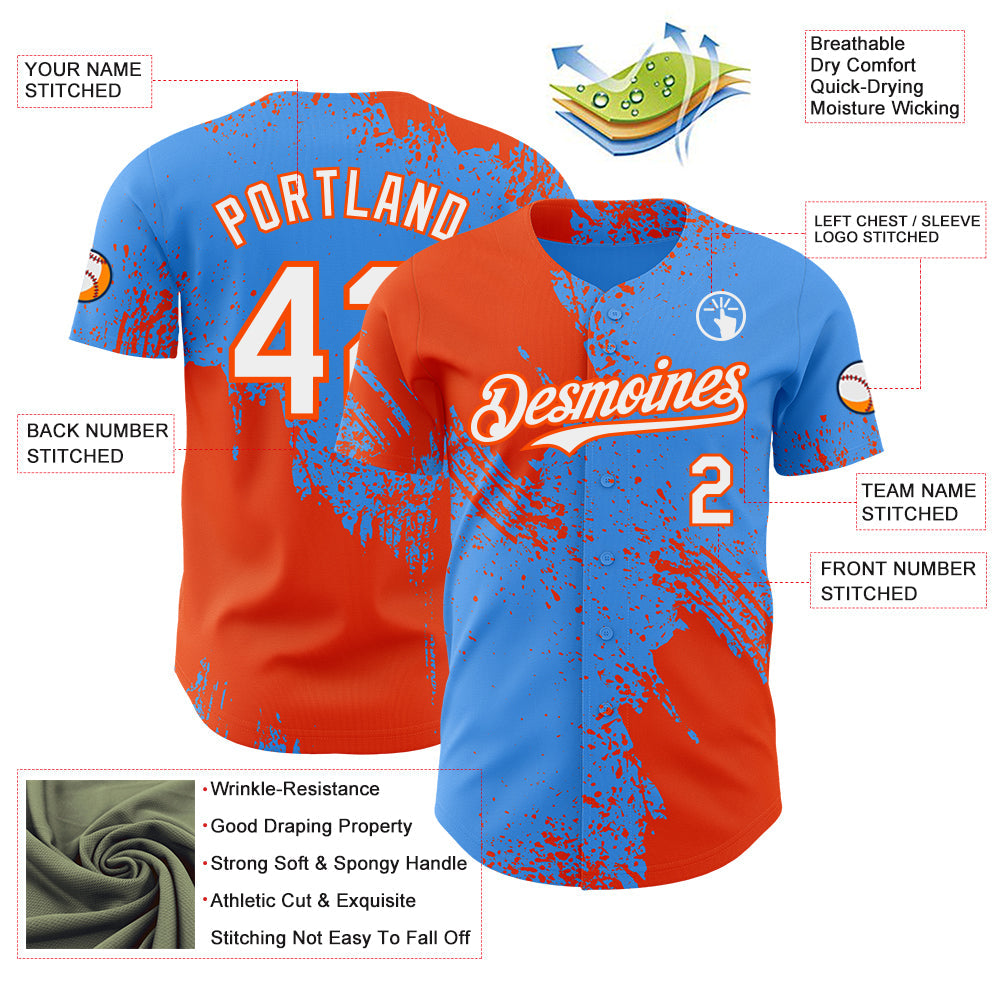 Custom Electric Blue White-Orange Abstract Brush Stroke Authentic Baseball Jersey