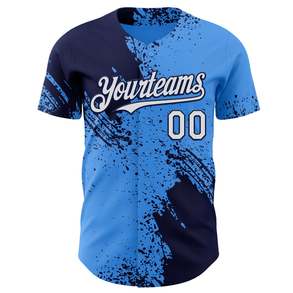Custom Electric Blue White-Navy Abstract Brush Stroke Authentic Baseball Jersey