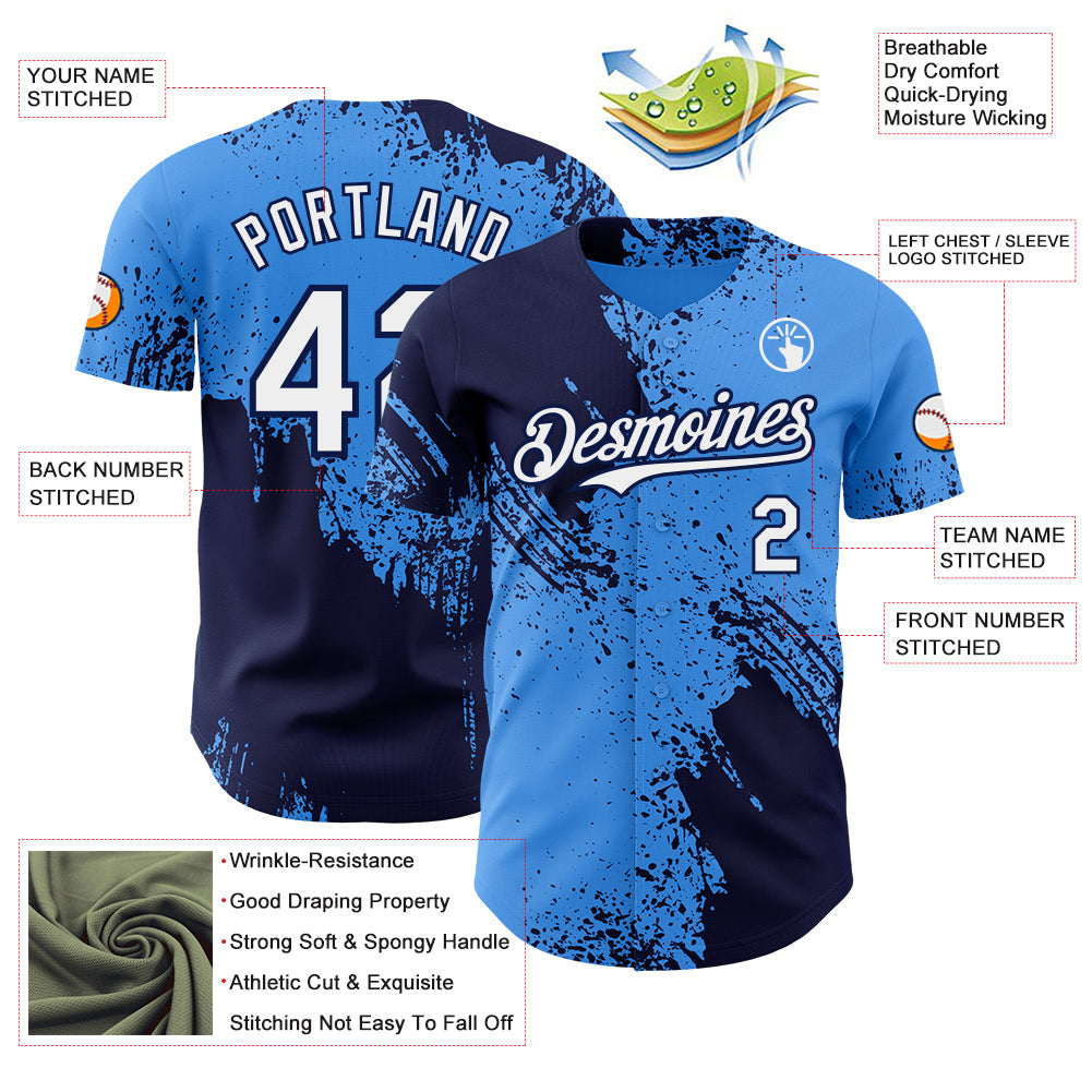 Custom Electric Blue White-Navy Abstract Brush Stroke Authentic Baseball Jersey