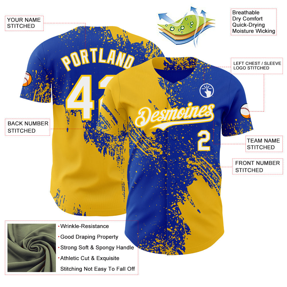 Custom Thunder Blue White-Yellow Abstract Brush Stroke Authentic Baseball Jersey