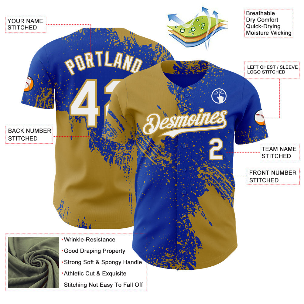 Custom Thunder Blue White-Old Gold Abstract Brush Stroke Authentic Baseball Jersey