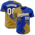 Custom Thunder Blue White-Old Gold Abstract Brush Stroke Authentic Baseball Jersey