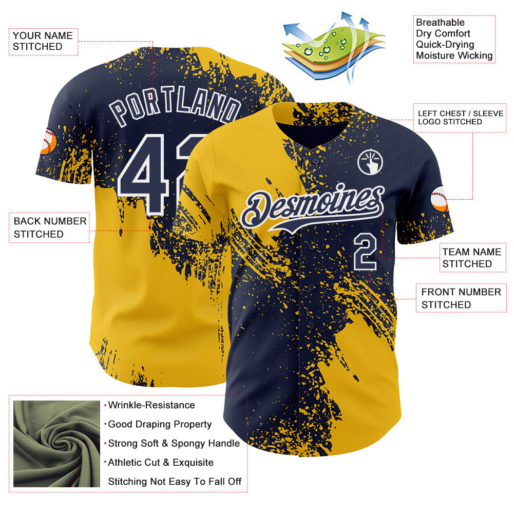 Custom Navy Yellow-White Abstract Brush Stroke Authentic Baseball Jersey