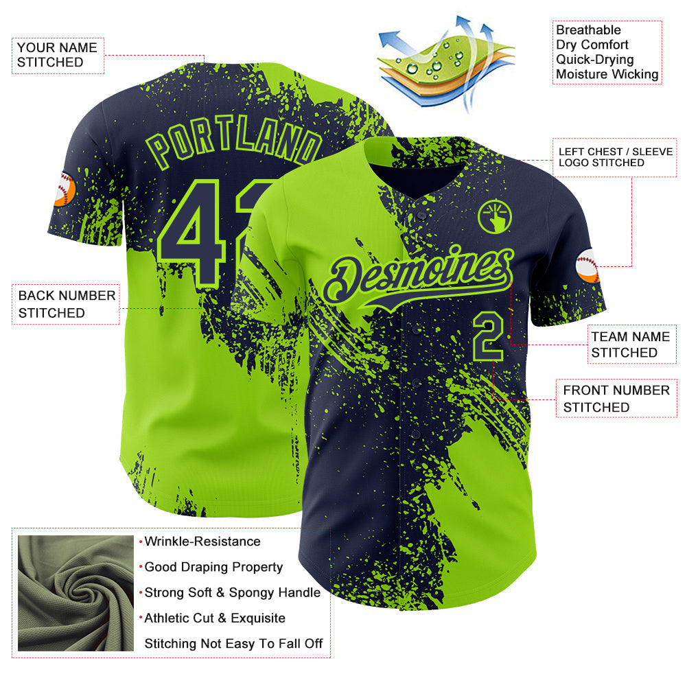 Custom Navy-Neon Green Abstract Brush Stroke Authentic Baseball Jersey