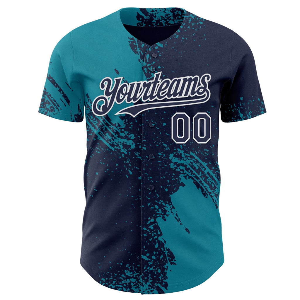Custom Navy Teal-White Abstract Brush Stroke Authentic Baseball Jersey