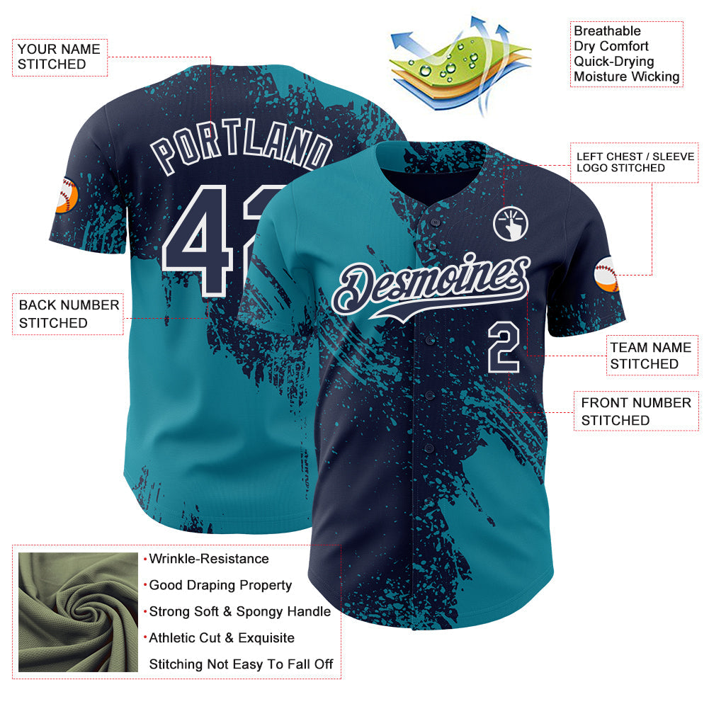 Custom Navy Teal-White Abstract Brush Stroke Authentic Baseball Jersey