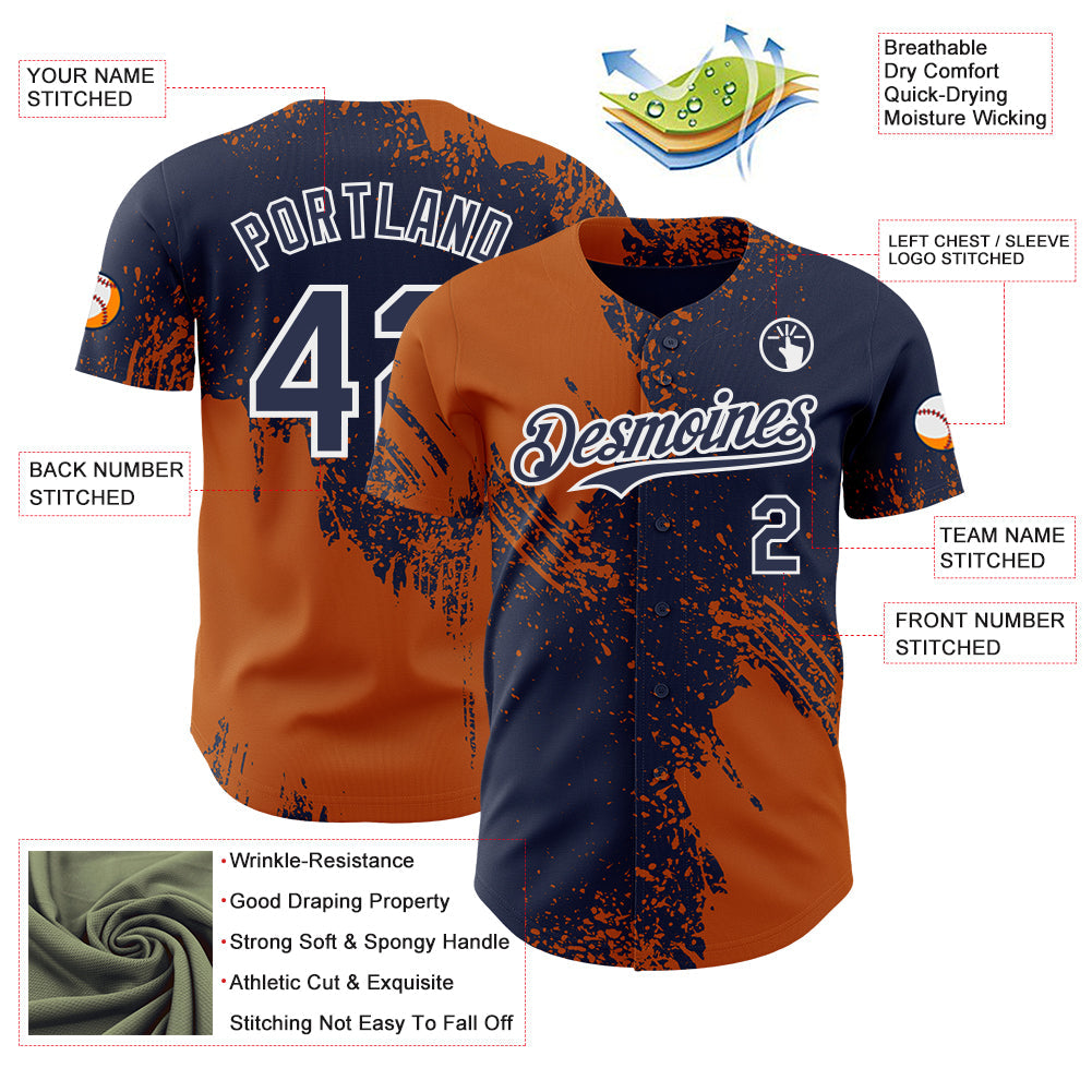 Custom Navy Texas Orange-White Abstract Brush Stroke Authentic Baseball Jersey