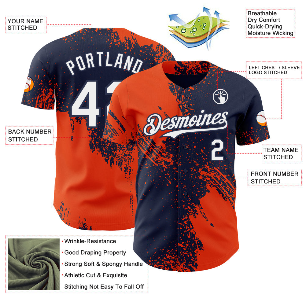 Custom Navy White-Orange Abstract Brush Stroke Authentic Baseball Jersey