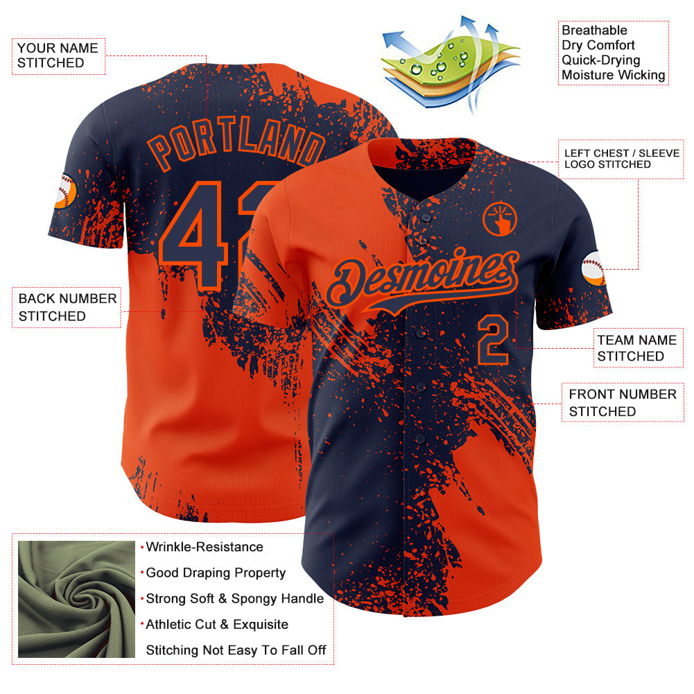 Custom Navy-Orange Abstract Brush Stroke Authentic Baseball Jersey