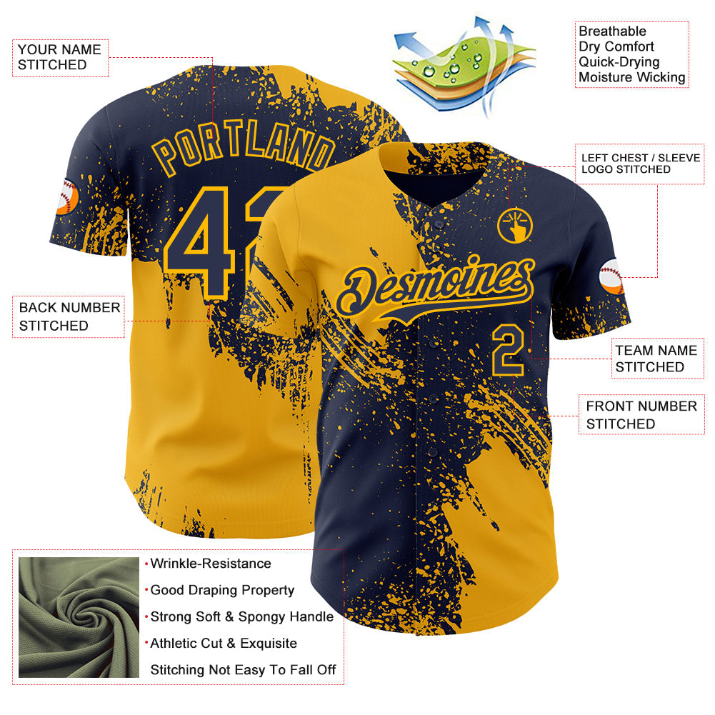 Custom Navy-Gold Abstract Brush Stroke Authentic Baseball Jersey
