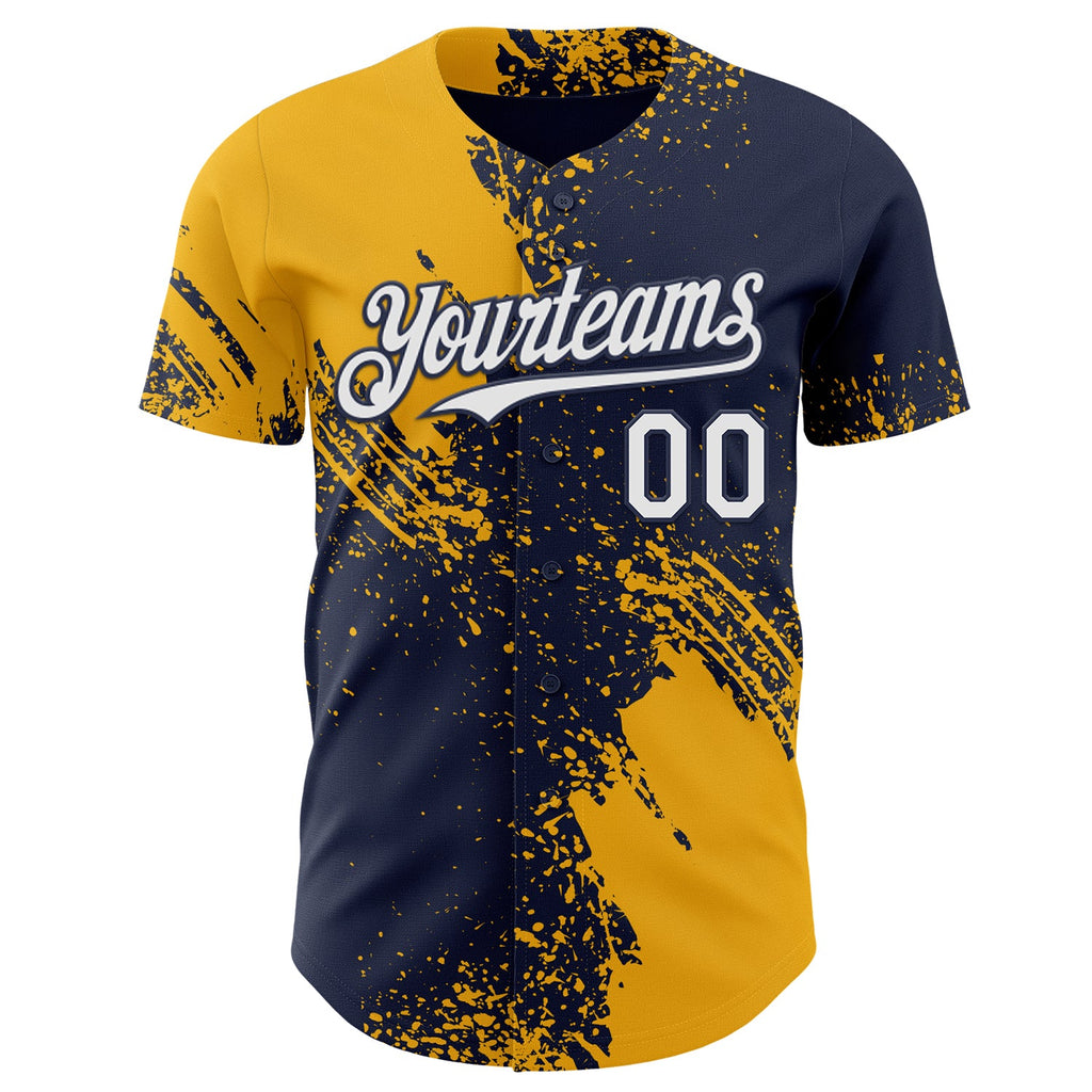 Custom Navy White-Gold Abstract Brush Stroke Authentic Baseball Jersey