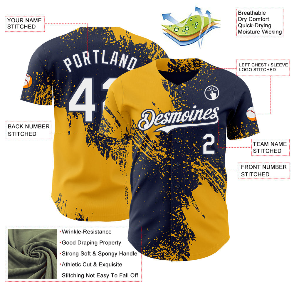 Custom Navy White-Gold Abstract Brush Stroke Authentic Baseball Jersey