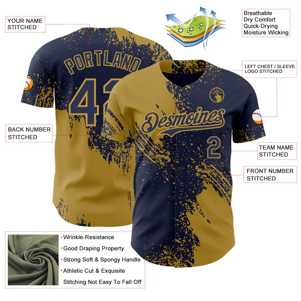 Custom Navy-Old Gold Abstract Brush Stroke Authentic Baseball Jersey