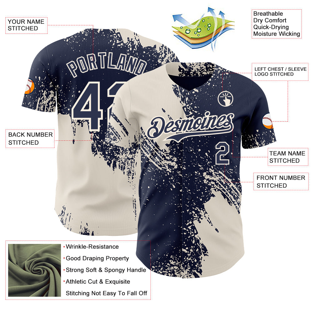 Custom Navy-Cream Abstract Brush Stroke Authentic Baseball Jersey