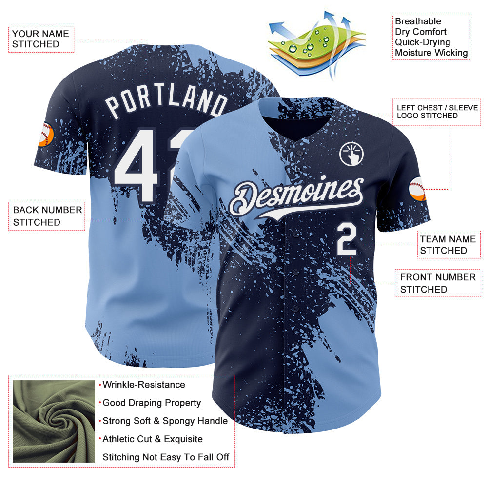 Custom Navy White-Light Blue Abstract Brush Stroke Authentic Baseball Jersey