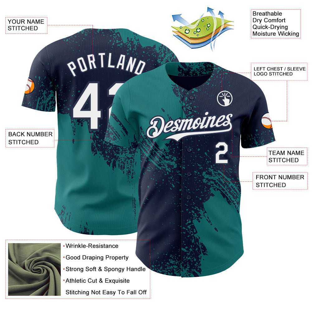 Custom Navy White-Teal Abstract Brush Stroke Authentic Baseball Jersey