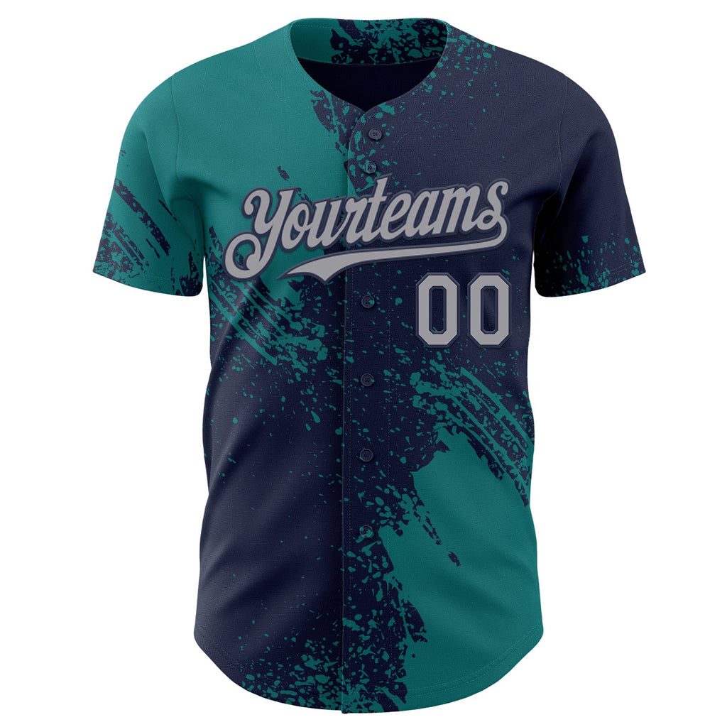 Custom Navy Gray-Teal Abstract Brush Stroke Authentic Baseball Jersey