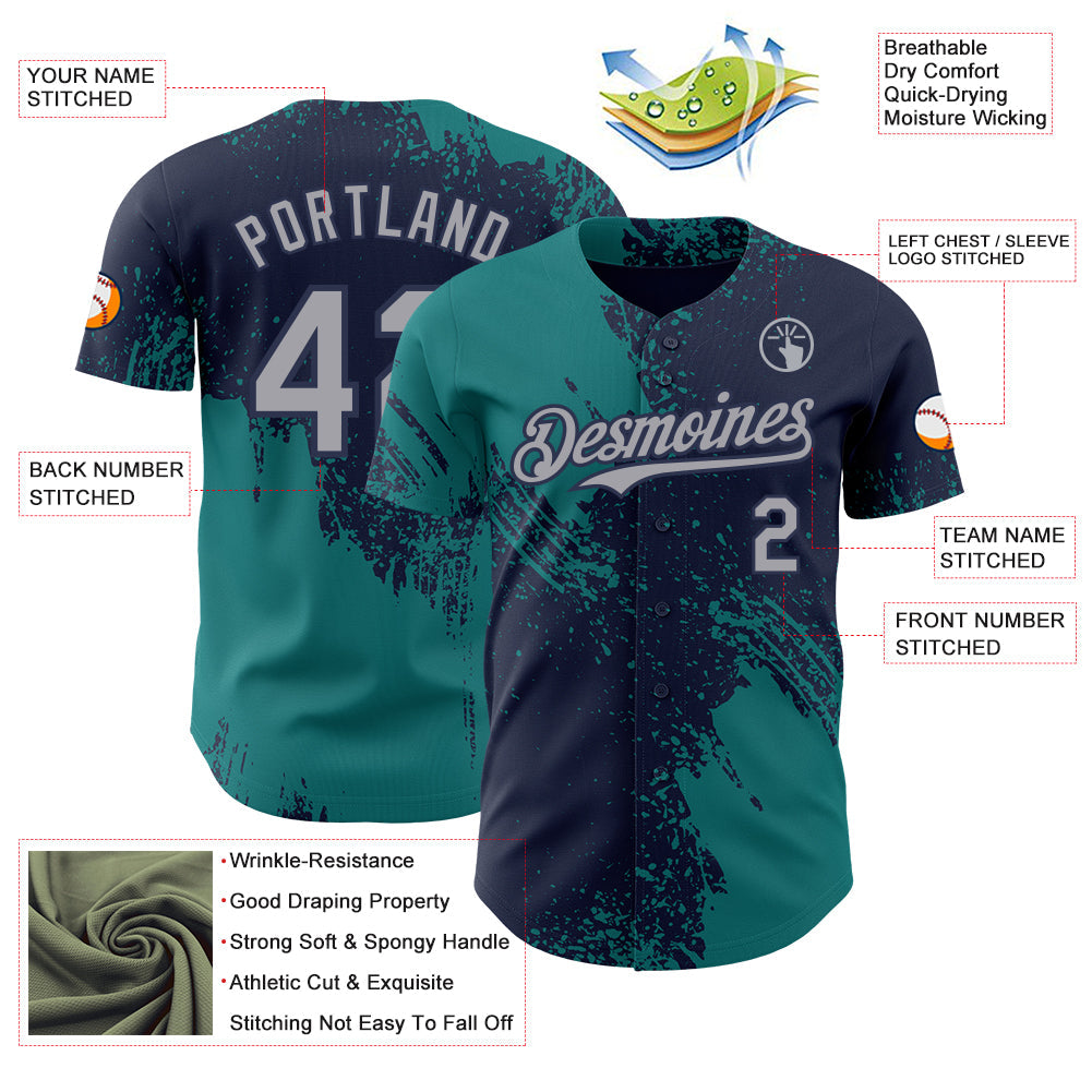 Custom Navy Gray-Teal Abstract Brush Stroke Authentic Baseball Jersey