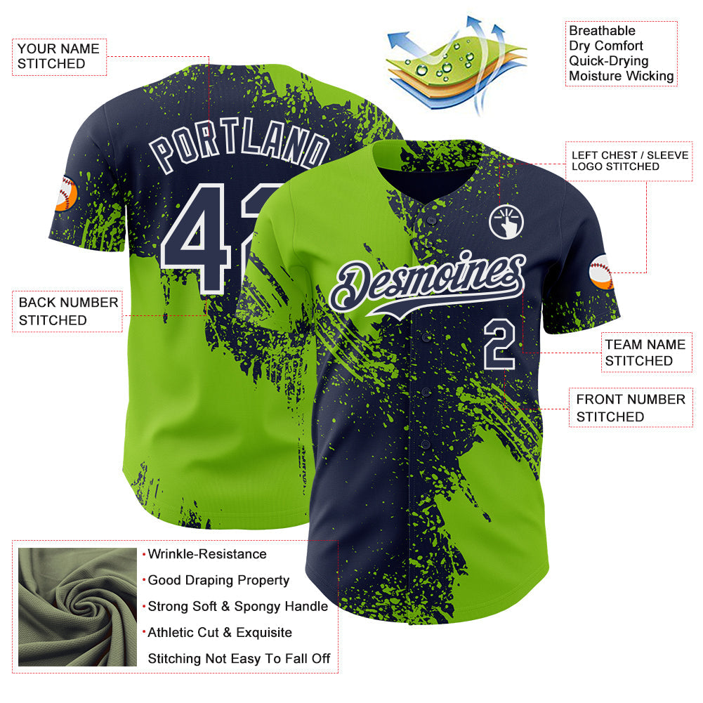 Custom Navy Neon Green-White Abstract Brush Stroke Authentic Baseball Jersey
