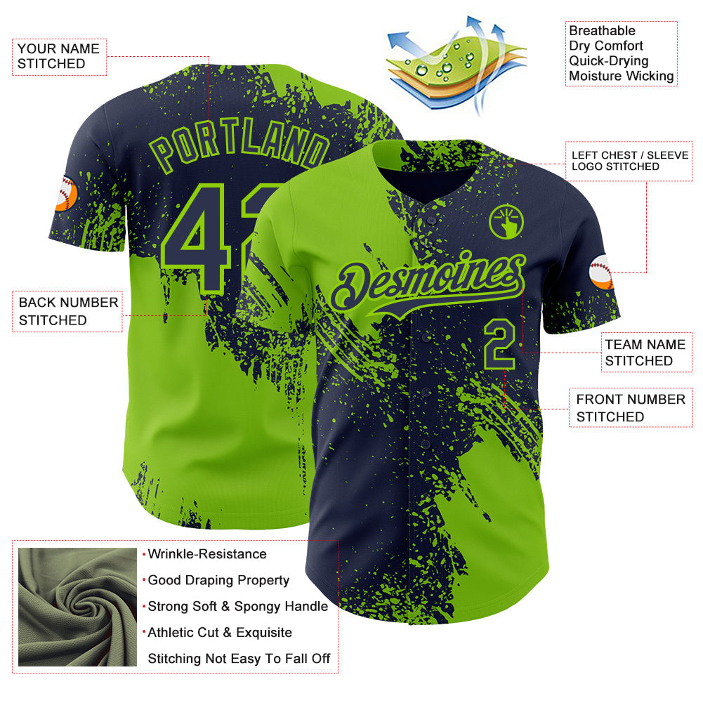 Custom Navy-Neon Green Abstract Brush Stroke Authentic Baseball Jersey