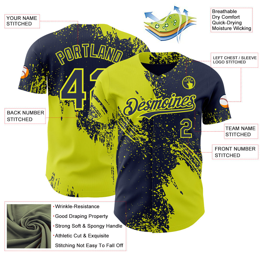 Custom Navy-Neon Yellow Abstract Brush Stroke Authentic Baseball Jersey