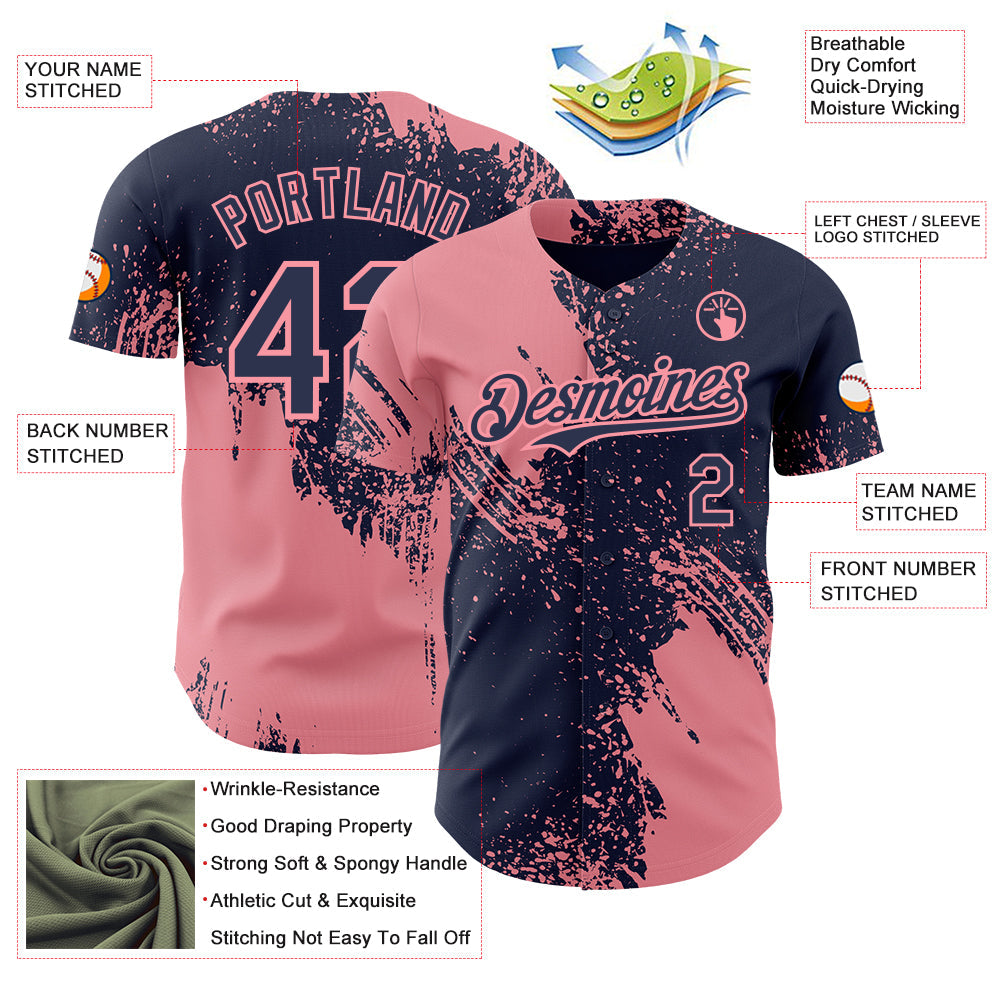 Custom Navy-Medium Pink Abstract Brush Stroke Authentic Baseball Jersey