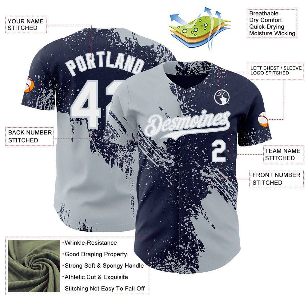 Custom Navy White-Silver Abstract Brush Stroke Authentic Baseball Jersey