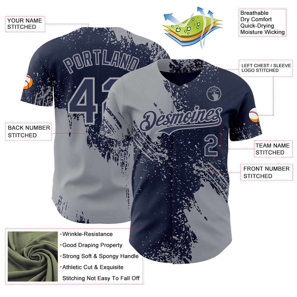 Custom Navy-Gray Abstract Brush Stroke Authentic Baseball Jersey