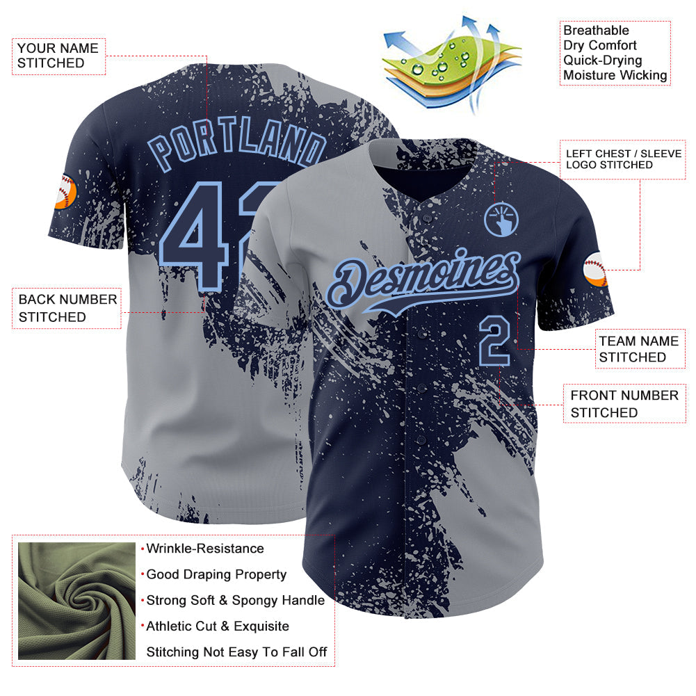 Custom Navy Gray-Light Blue Abstract Brush Stroke Authentic Baseball Jersey