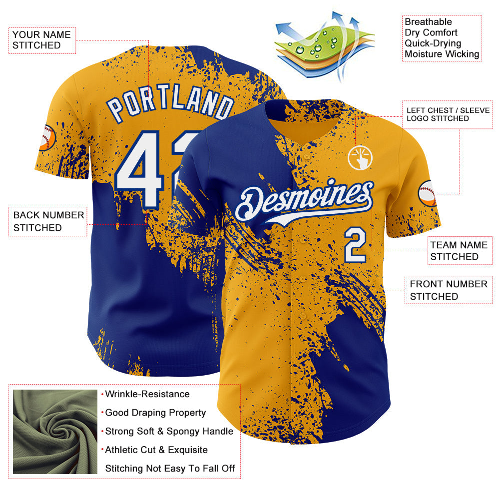 Custom Gold White-Royal Abstract Brush Stroke Authentic Baseball Jersey