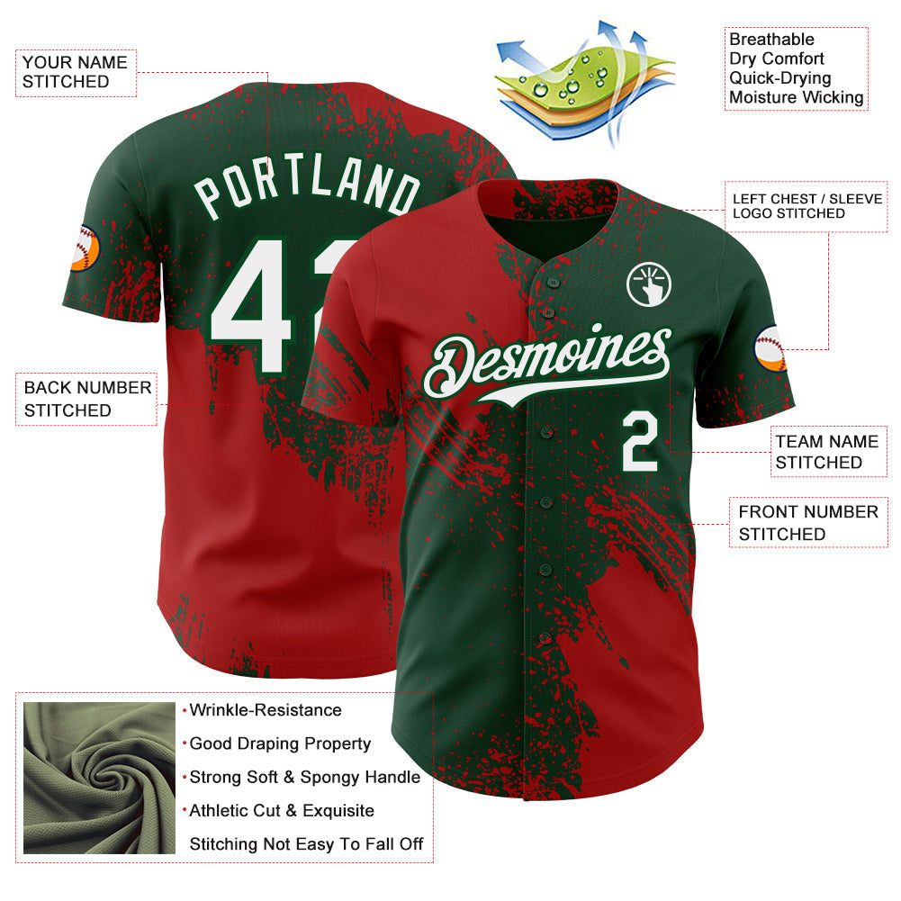 Custom Green White-Red Abstract Brush Stroke Authentic Baseball Jersey