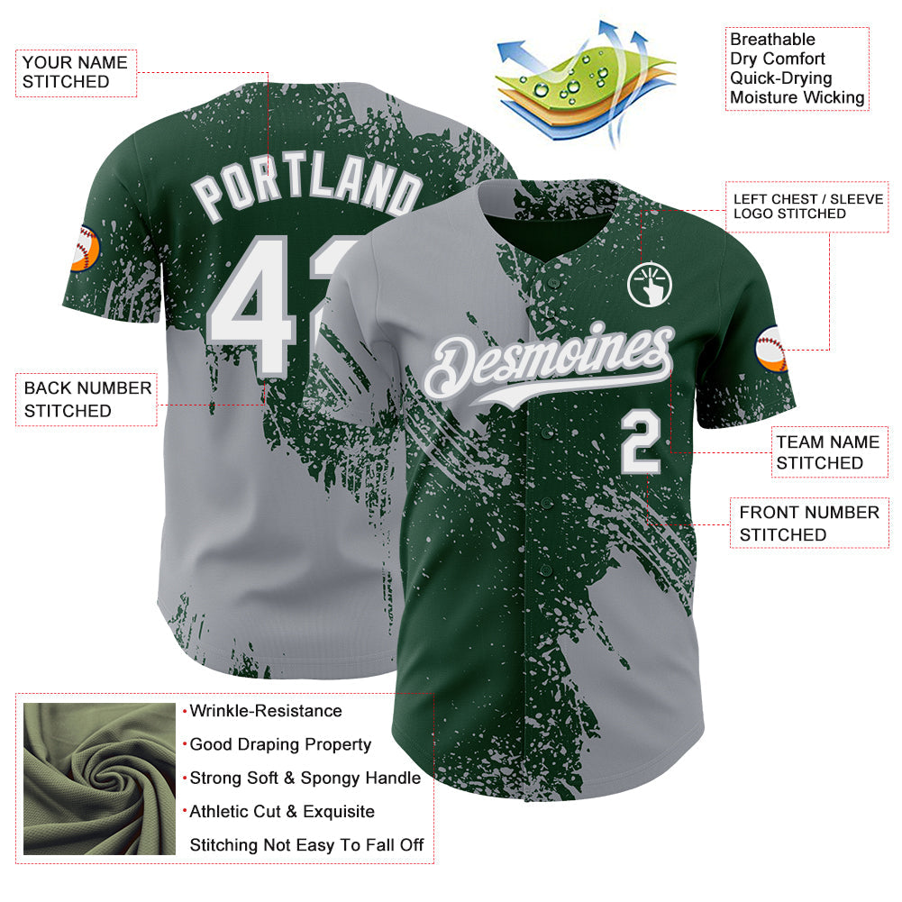 Custom Green White-Gray Abstract Brush Stroke Authentic Baseball Jersey