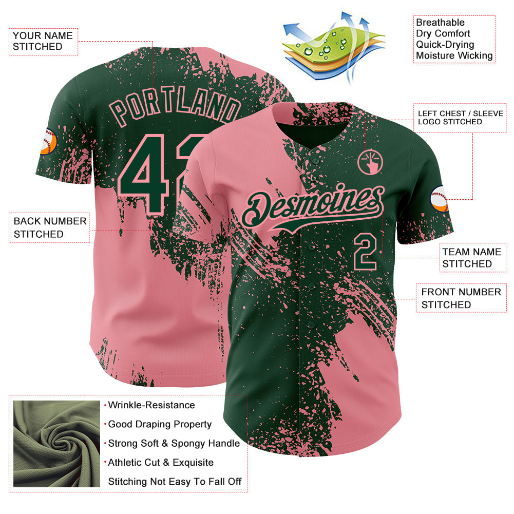 Custom Green-Medium Pink Abstract Brush Stroke Authentic Baseball Jersey
