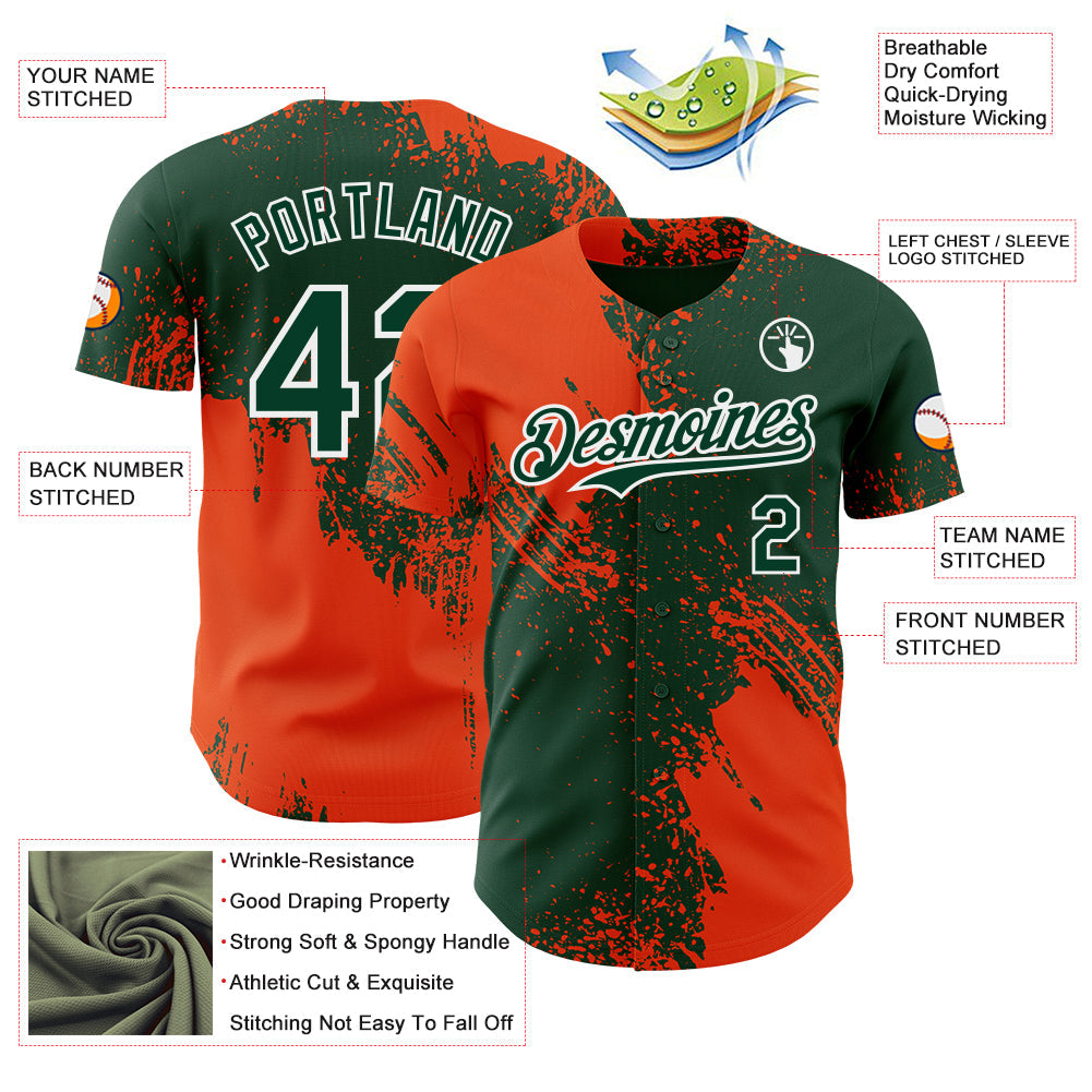 Custom Green Orange-White Abstract Brush Stroke Authentic Baseball Jersey