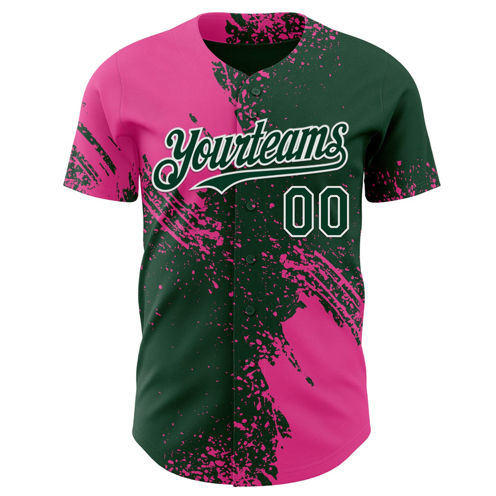 Custom Green Pink-White Abstract Brush Stroke Authentic Baseball Jersey