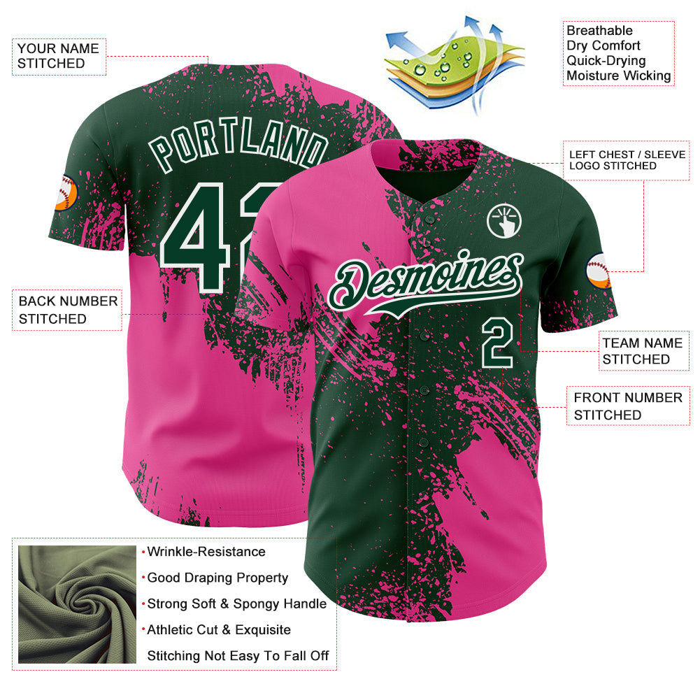Custom Green Pink-White Abstract Brush Stroke Authentic Baseball Jersey
