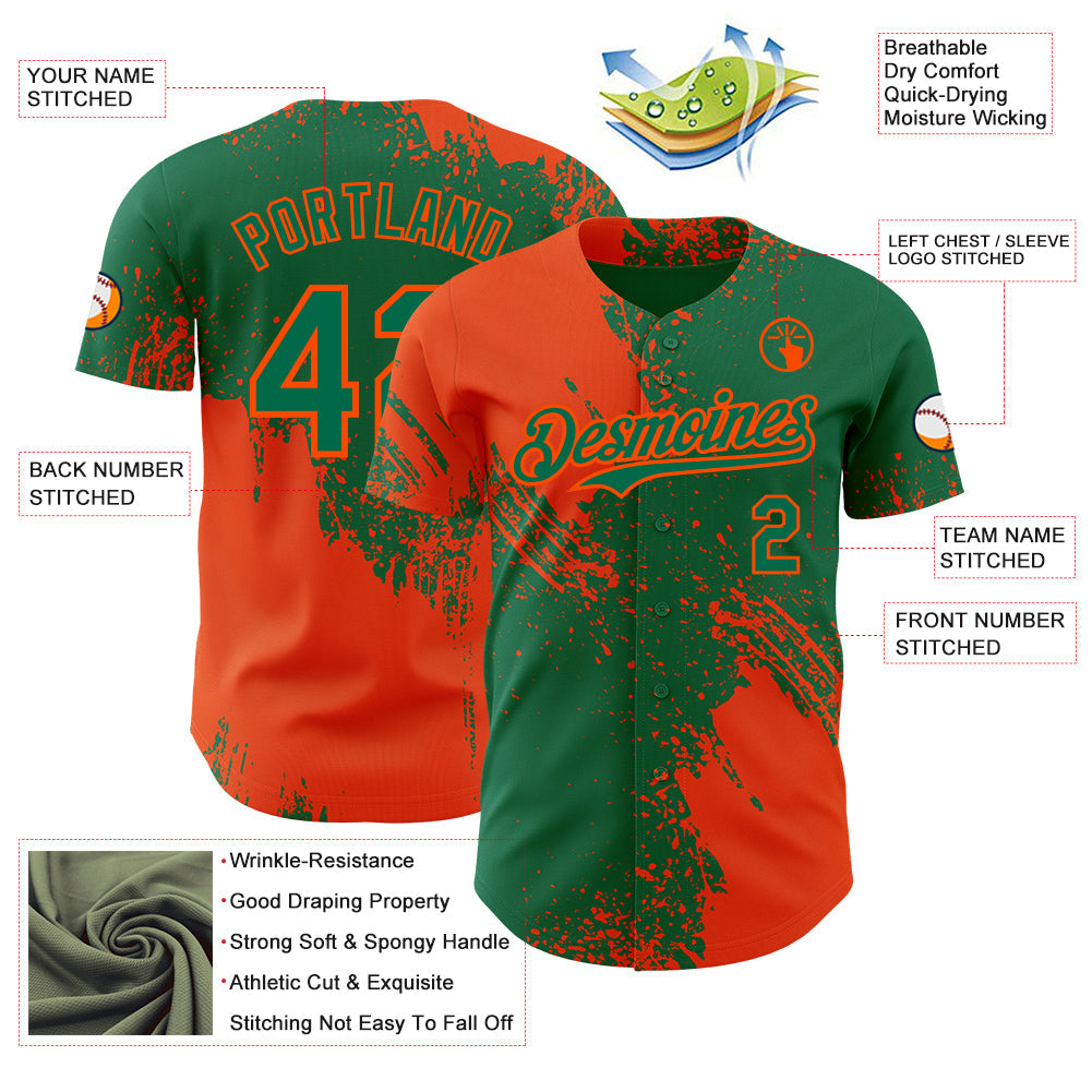 Custom Kelly Green-Orange Abstract Brush Stroke Authentic Baseball Jersey