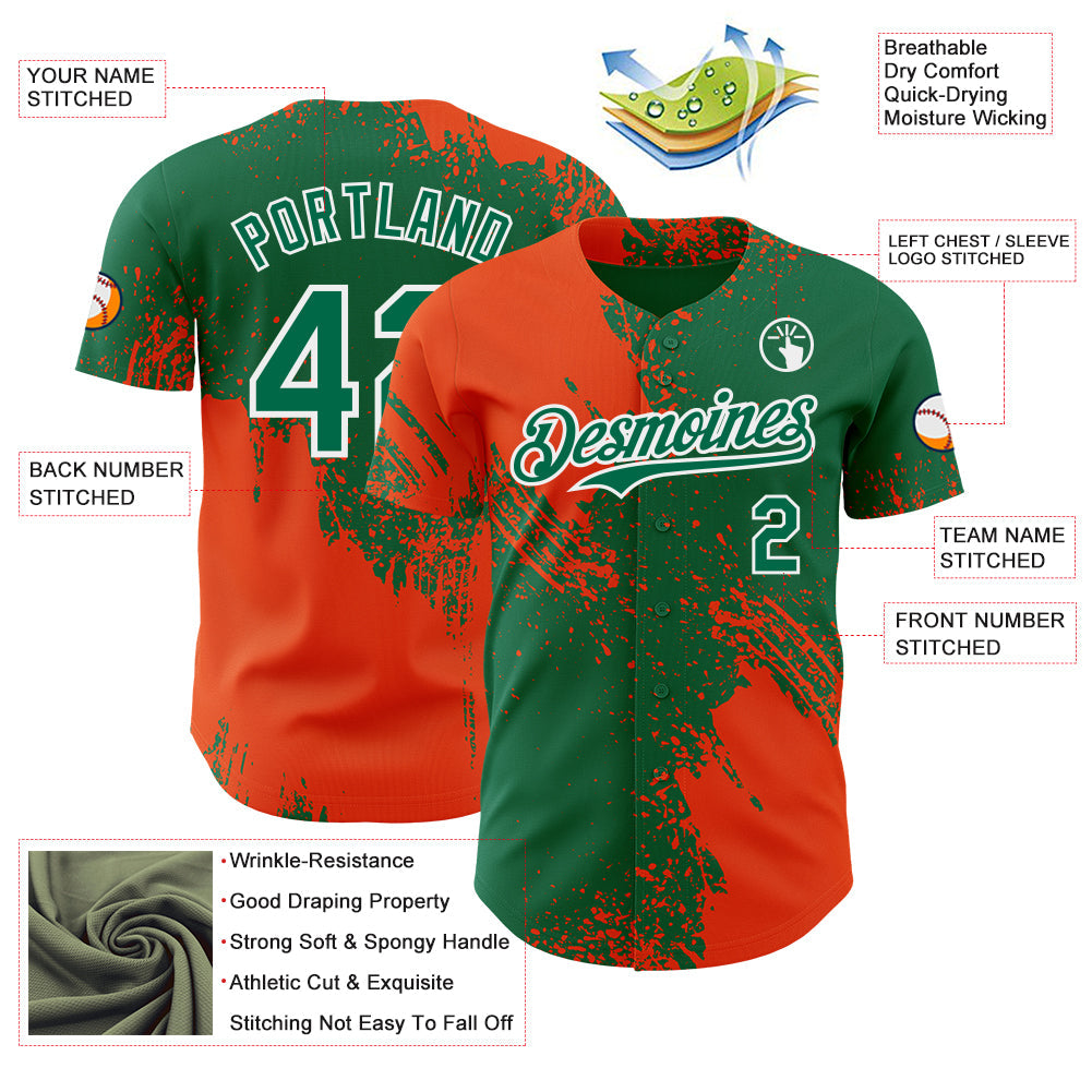 Custom Kelly Green Orange-White Abstract Brush Stroke Authentic Baseball Jersey