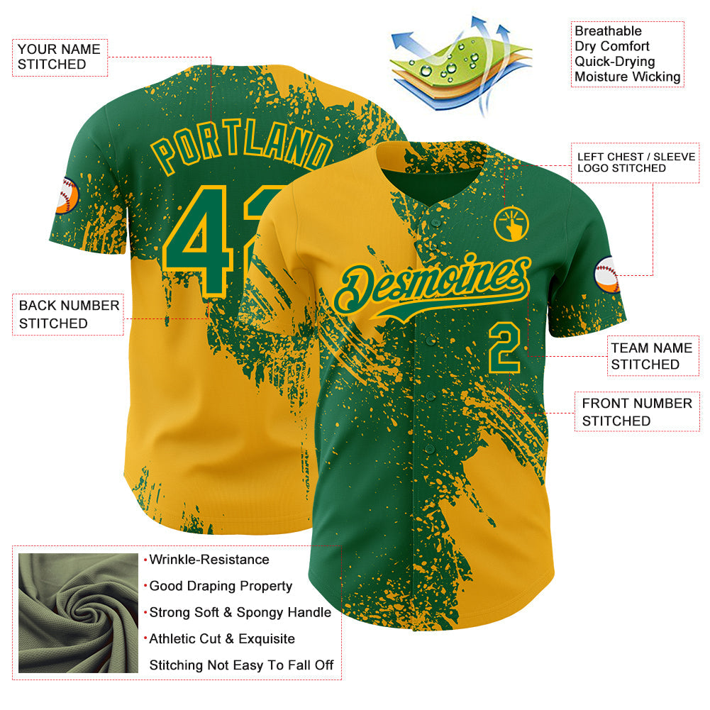 Custom Kelly Green-Gold Abstract Brush Stroke Authentic Baseball Jersey