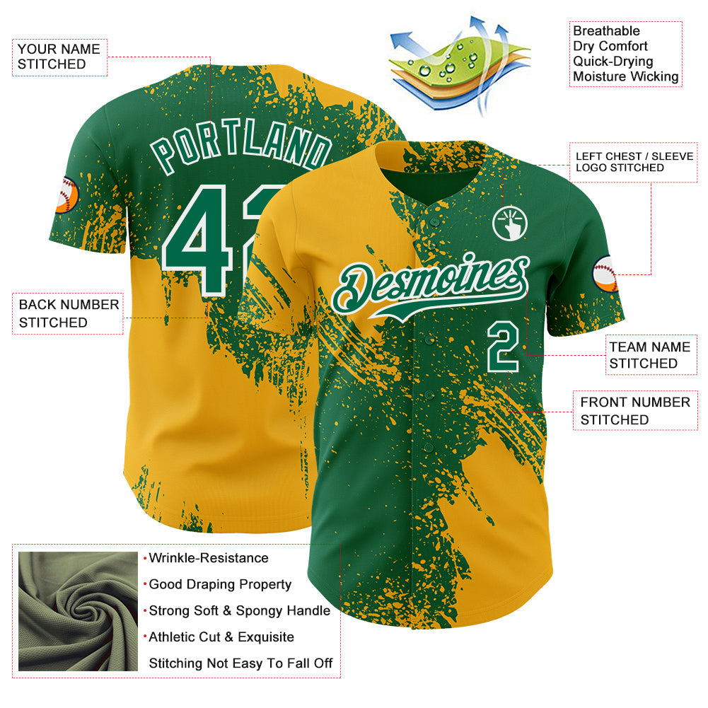 Custom Kelly Green Gold-White Abstract Brush Stroke Authentic Baseball Jersey