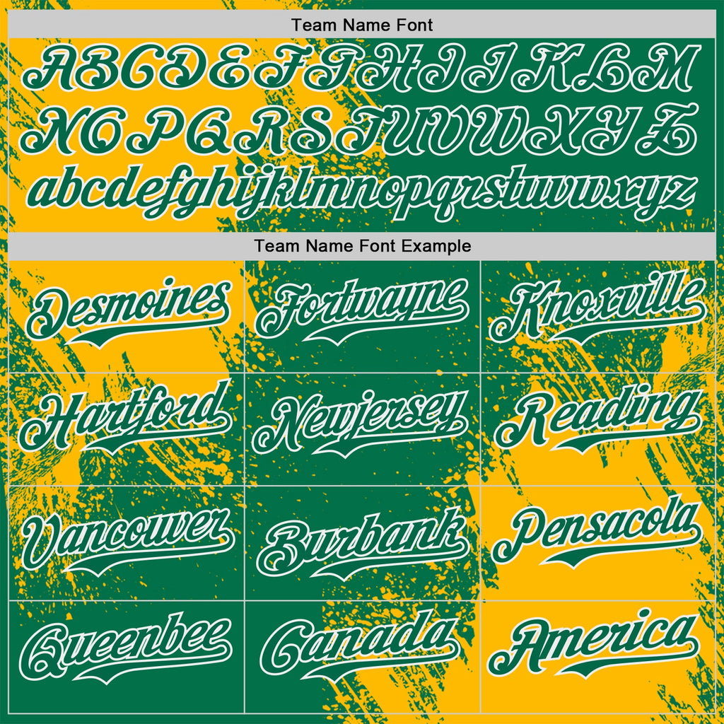 Custom Kelly Green Gold-White Abstract Brush Stroke Authentic Baseball Jersey