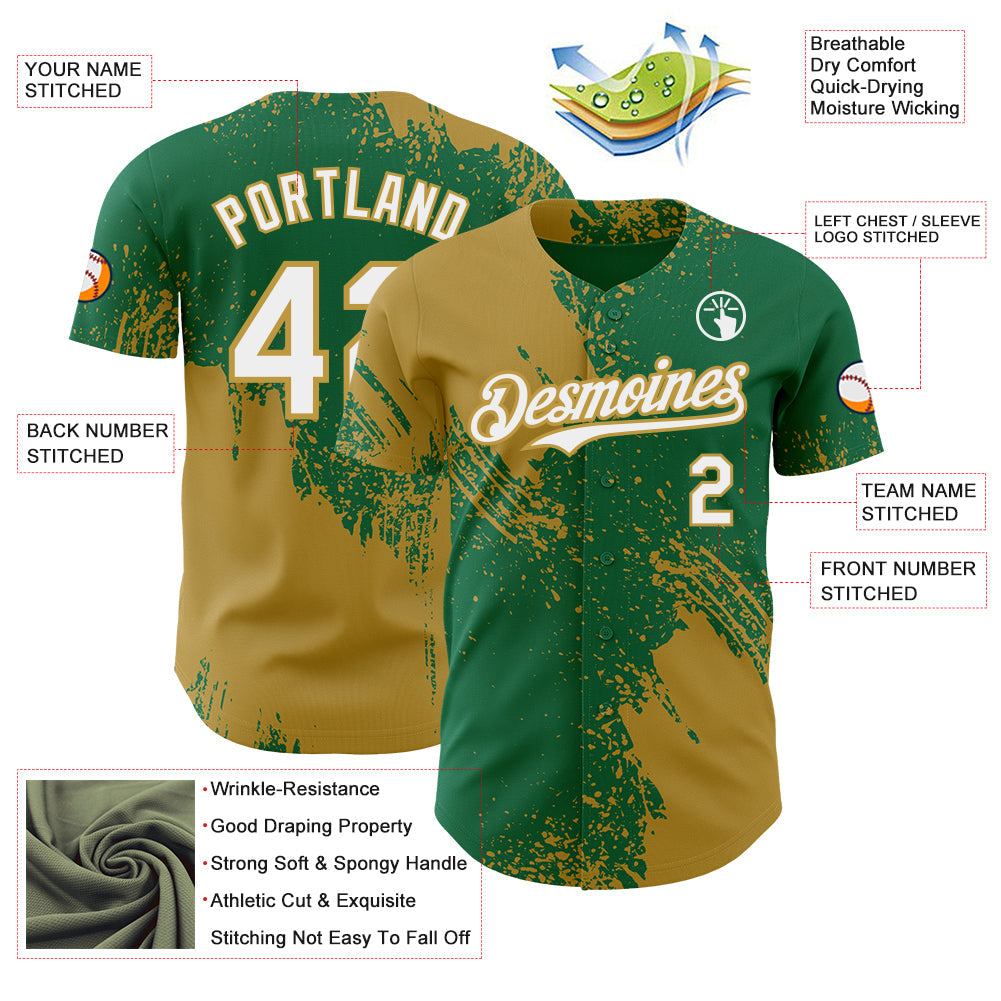 Custom Kelly Green White-Old Gold Abstract Brush Stroke Authentic Baseball Jersey