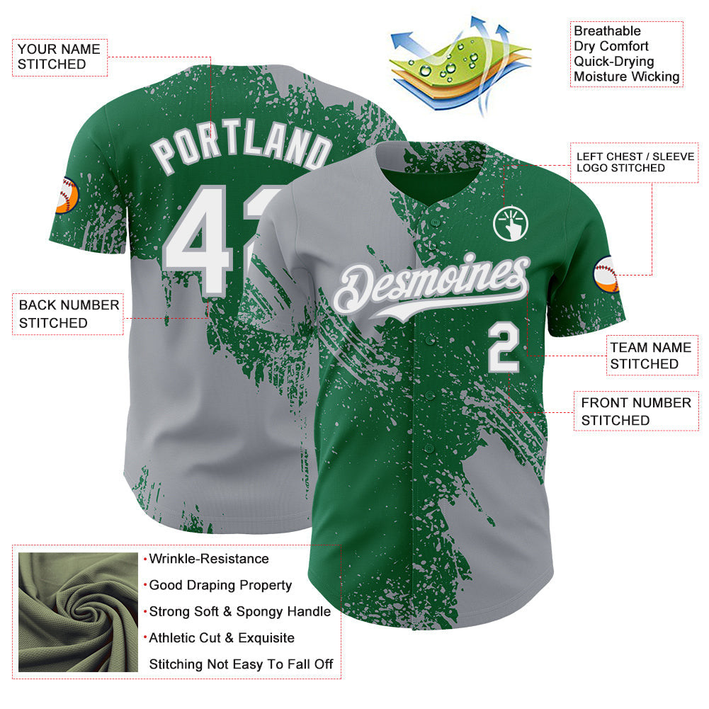 Custom Kelly Green White-Gray Abstract Brush Stroke Authentic Baseball Jersey