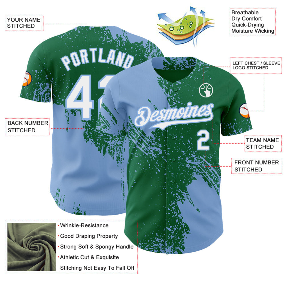 Custom Kelly Green White-Light Blue Abstract Brush Stroke Authentic Baseball Jersey
