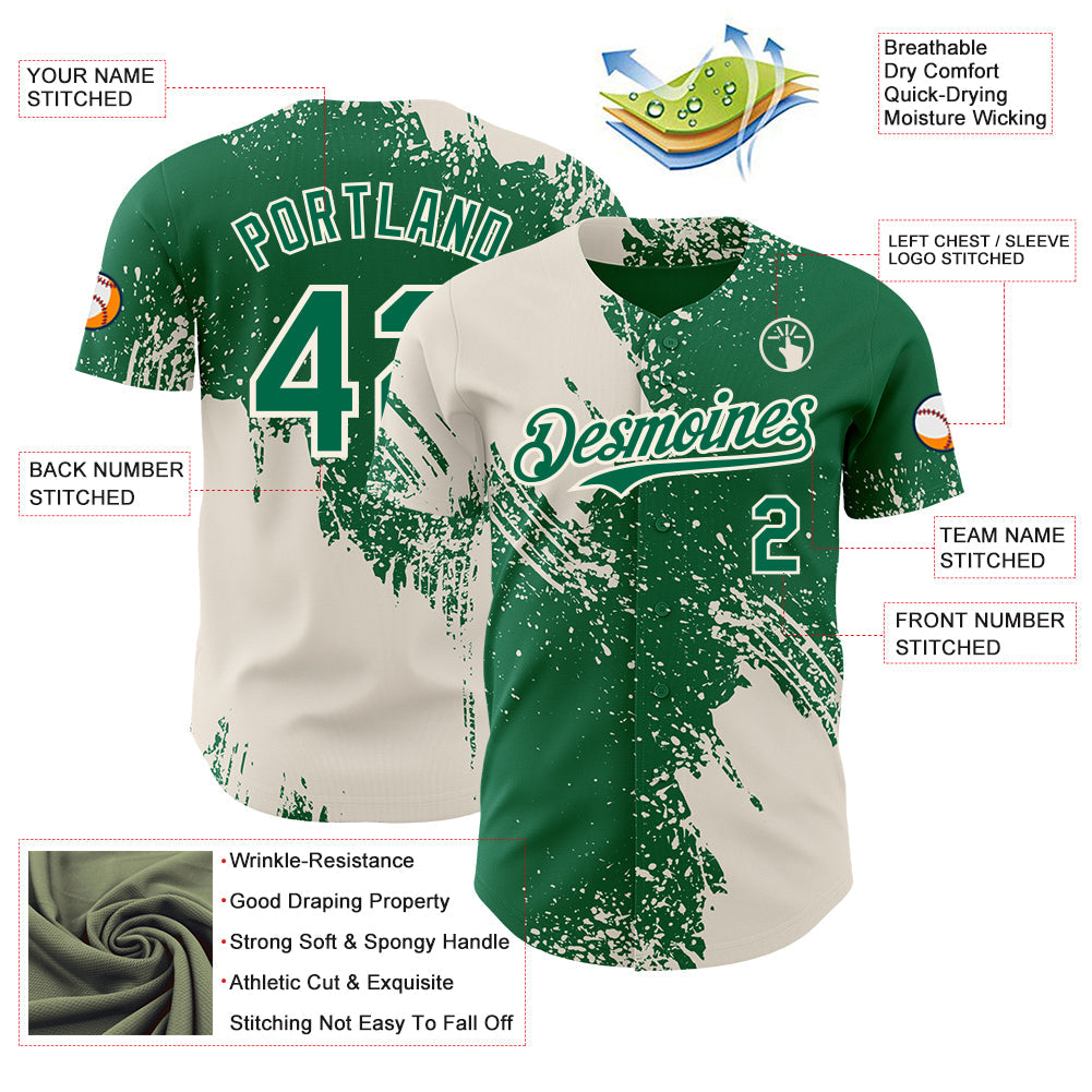 Custom Kelly Green-Cream Abstract Brush Stroke Authentic Baseball Jersey