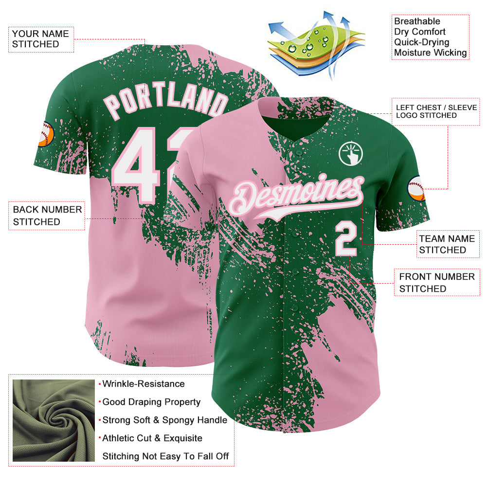 Custom Kelly Green White-Light Pink Abstract Brush Stroke Authentic Baseball Jersey